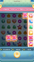 Candy Burst · Verifikasi angka saldo, nilai taruhan, serta perolehan pada tiga kotak status bawah.